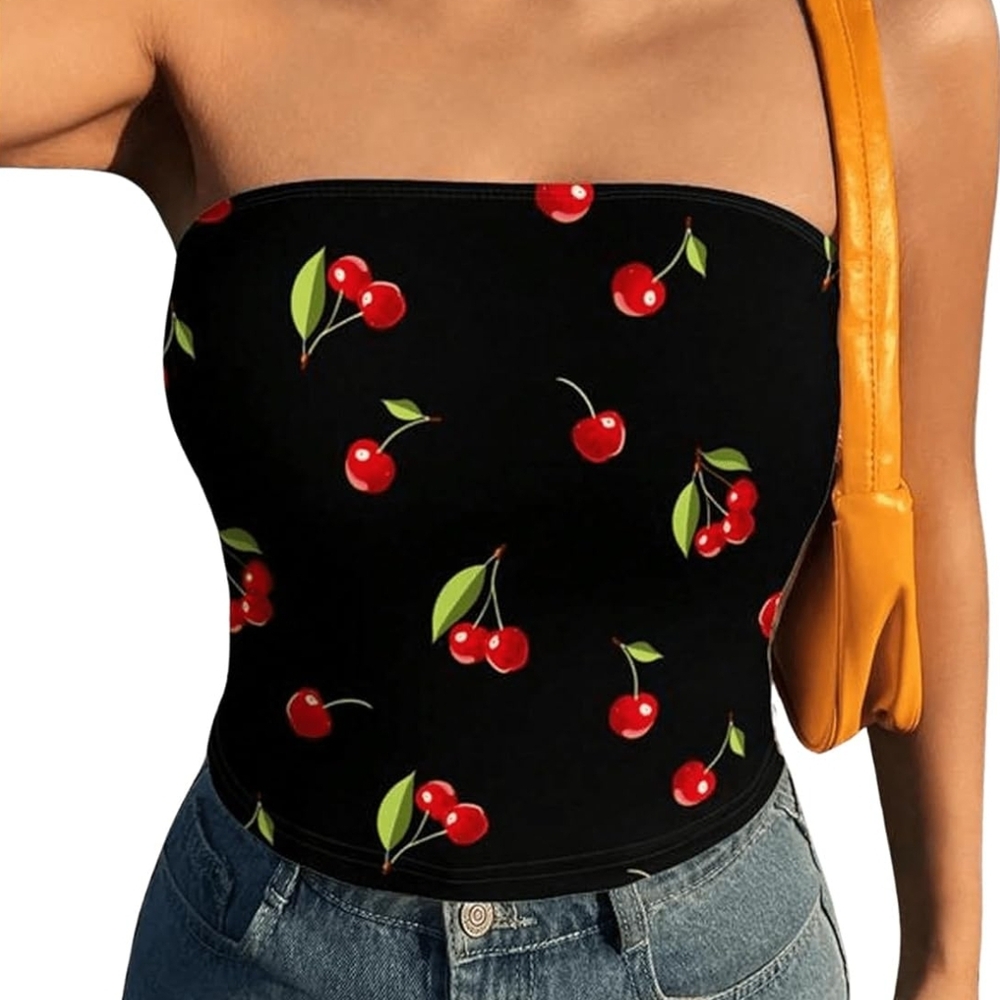 Black and Red Strapless Fitted Cherry Crop Top